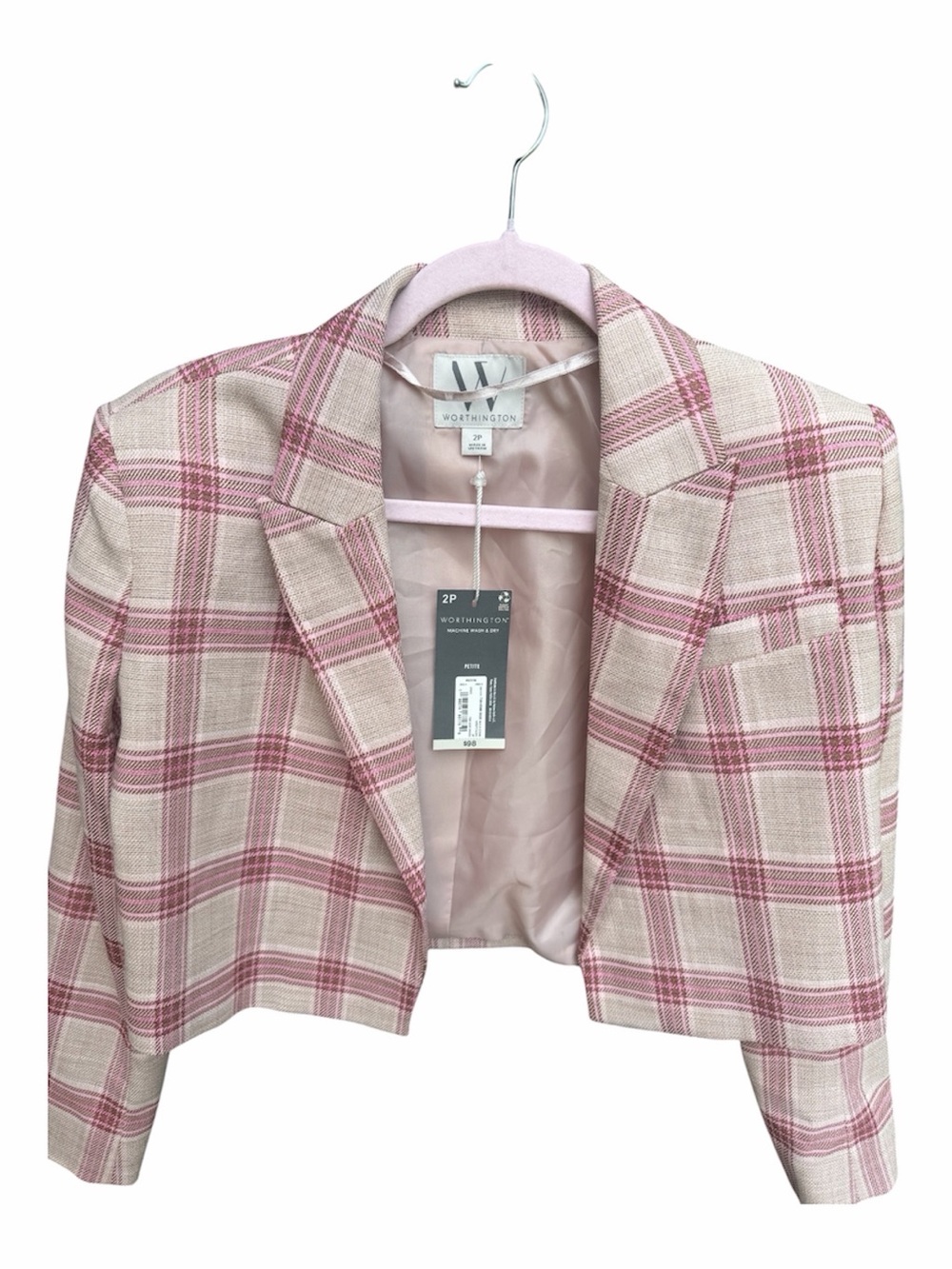 Worthington Cream and Pink Plaid Cropped Blazer